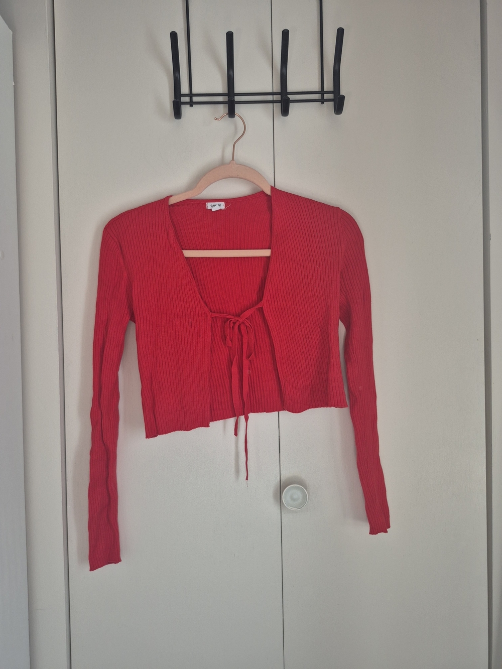 Garage Red Ribbed Tie-Front Cardigan